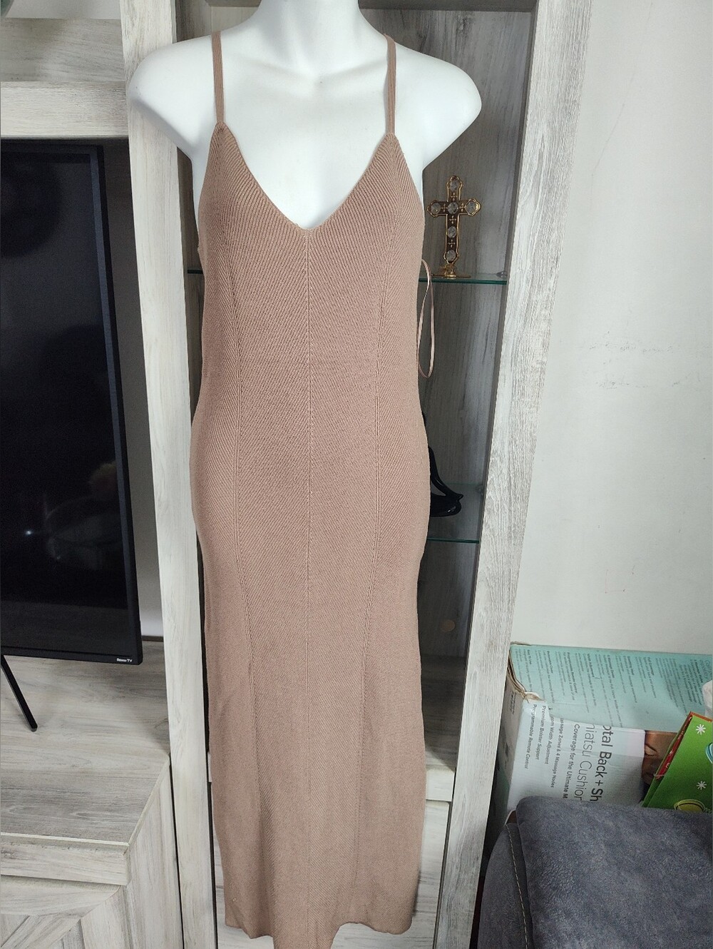 Freshman Taupe Ribbed Knit Spaghetti-Strap Maxi Dress SZ M Like New
